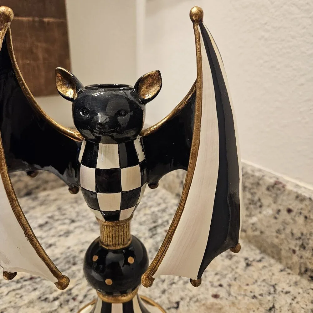 RARE MACKENZIE CHILDS HALLOWEEN BAT COURTLY CHECK FALL TAPER CANDLE HOLDER